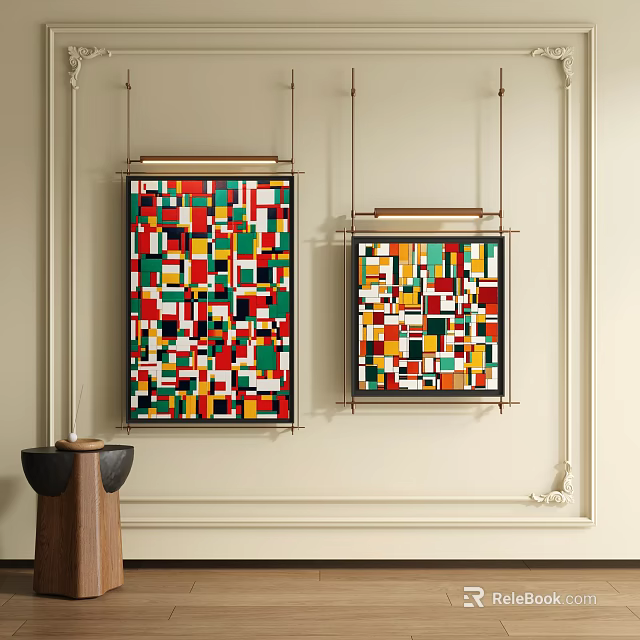 Colorful Abstract Paintings with Geometric Patterns Hung on Beige Wall Interior 3d model