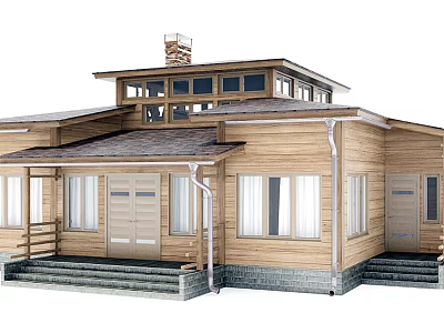 Detached Wooden House Exterior With Rustic Roof Windows And Front Steps 3d model