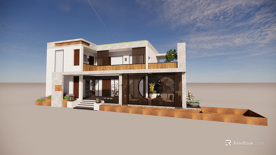 Modern Detached Villa With White Exterior Wooden Elements And Large Glass Windows 3d model 