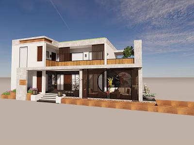 Modern Detached Villa With White Exterior Wooden Elements And Large Glass Windows 3d model