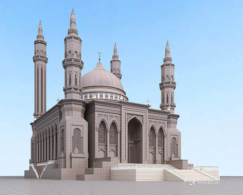 Ancient Islamic Architecture Featuring Dome Minarets Arched Doors Stone Carvings And Grand Staircase 3d model 