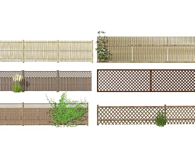 Various Types of Bamboo and Wooden Garden Fences with Lattice Patterns and Green Plants 3d model