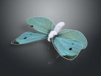 Turquoise Butterfly With Black Spots On Wings And White Fluffy Body Flying On Dark Background 3d model