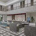 Court Service Hall Interior Design With Marble Counters Green Plant And Geometric Floor Pattern