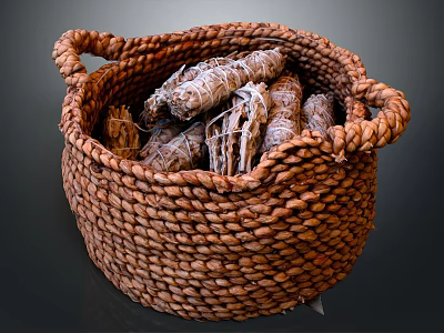 Handmade Woven Basket With Dried Sage Smudge Sticks And Rope Handles 3d model