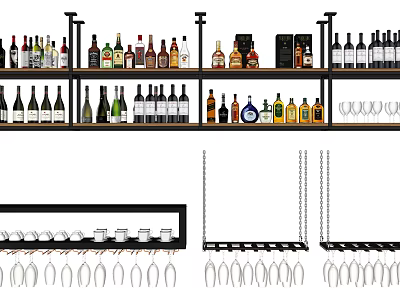 Modern Wine Cabinet With Multiple Shelves Various Wine Bottles And Hanging Glass Holders 3d model