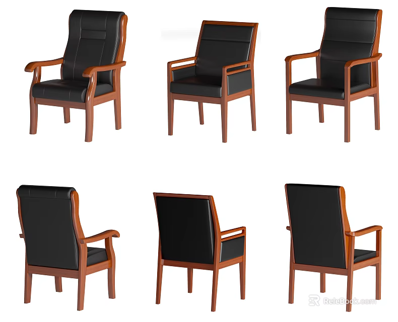 Classic Design Office Chair With Black Leather Seat And Wooden Frame 3d model 