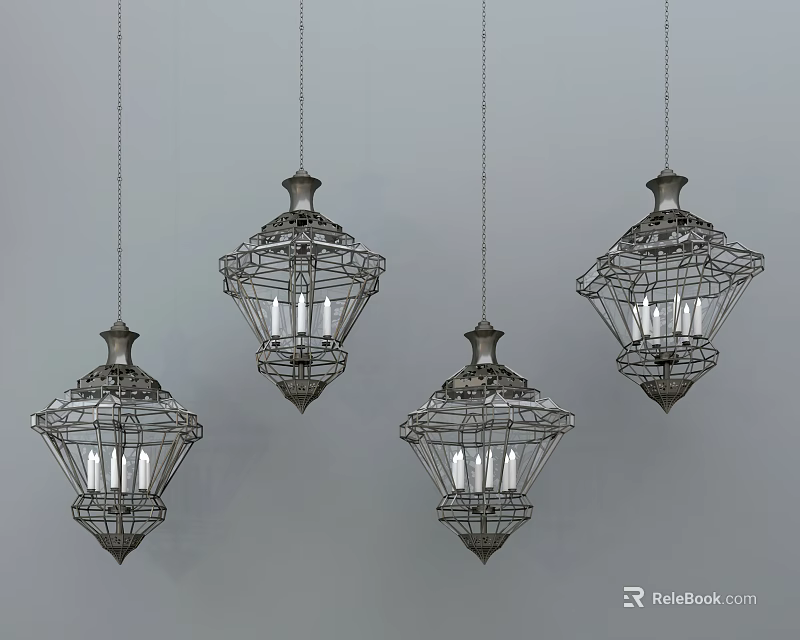 Four Metal Chandeliers With Intricate Openwork Design Silver Gray Hanging On Gray Background 3d model 