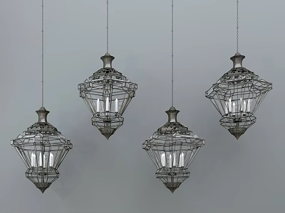 Four Metal Chandeliers With Intricate Openwork Design Silver Gray Hanging On Gray Background 3d model