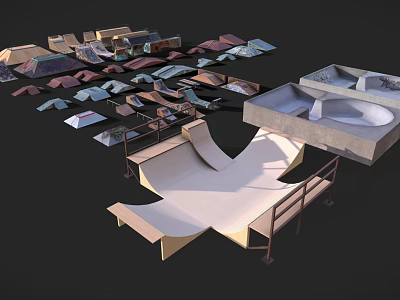 Colorful Skate Park Modules With Various Shapes Ramps And Platforms Design 3d model