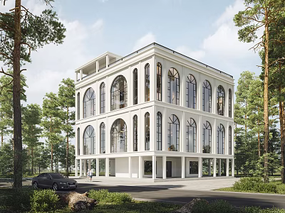 Elegant Modern Detached Villa with White Exterior Arched Windows and Black Car Surrounded by Trees 3d model