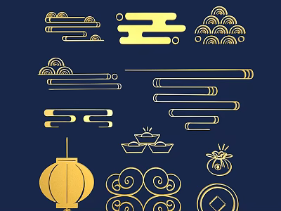 Golden Traditional Chinese Carvings With Cloud Patterns Lantern And Ruyi Motifs On Dark Blue Background 3d model