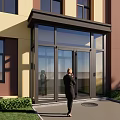 Framed Glass Porch Entrance Structure With Transparent Panels Steps And House Front Greenery