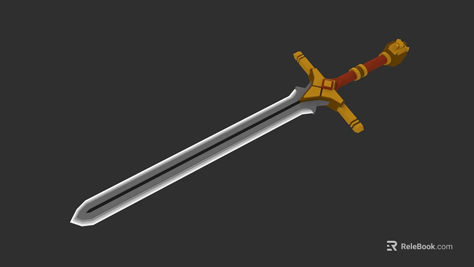 Detailed 3D Model Sword With Golden Hilt Red Handle And Silver Blade 3d model 