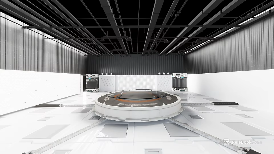 Futuristic Modern Interior Featuring Central Circular Platform White Flooring Black Ceiling 3d model 