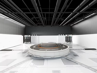 Futuristic Modern Interior Featuring Central Circular Platform White Flooring Black Ceiling 3d model