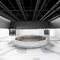 Futuristic Modern Interior Featuring Central Circular Platform White Flooring Black Ceiling 3d model