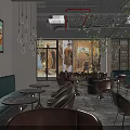 Cozy Bar Interior Featuring Leather Chairs Round Tables Hanging Plants And City Night View