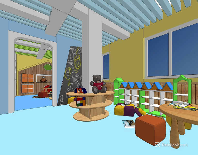 Bright Kindergarten Interior With Colorful Blocks Round Shelf Large Windows And Kids' Tables 3d model 