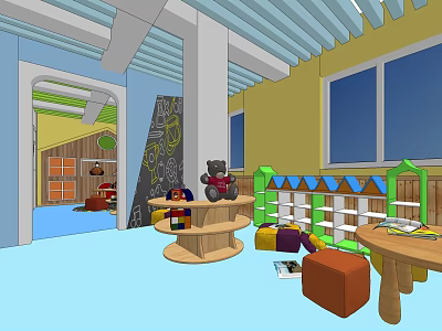 Bright Kindergarten Interior With Colorful Blocks Round Shelf Large Windows And Kids' Tables 3d model