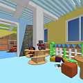 Bright Kindergarten Interior With Colorful Blocks Round Shelf Large Windows And Kids' Tables
