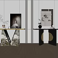 Modern Console Table Design With Geometric Marble Base Decorative Vase Plant And Mirror Wall