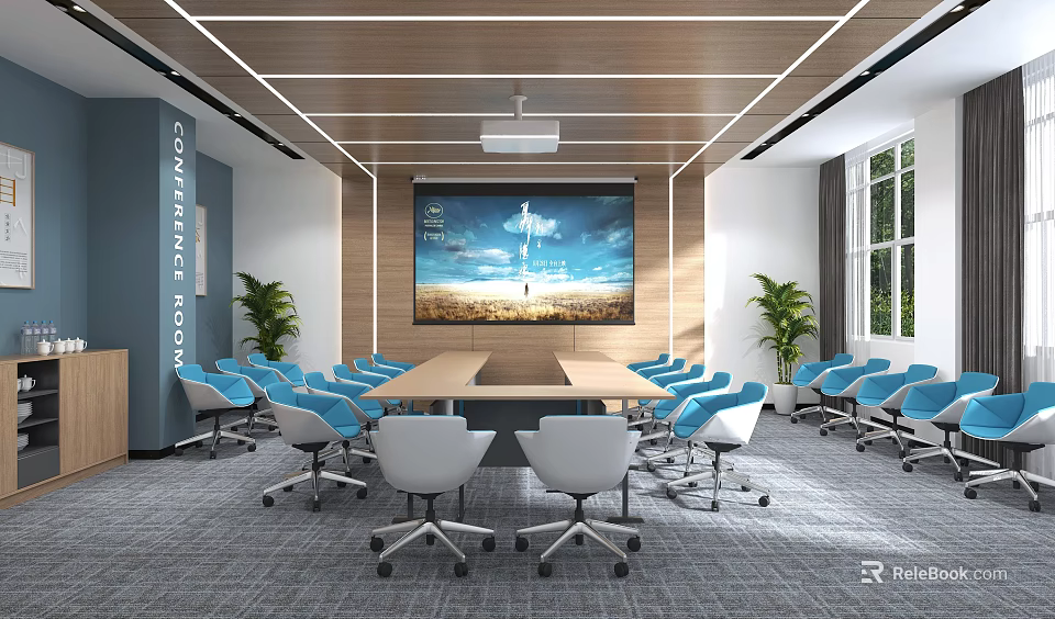 Modern Conference Room Interior With Long Table Blue White Chairs Large Screen And Green Plants 3d model 