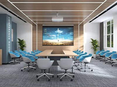 Modern Conference Room Interior With Long Table Blue White Chairs Large Screen And Green Plants 3d model