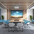 Modern Conference Room Interior With Long Table Blue White Chairs Large Screen And Green Plants