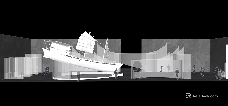 Large White Ship Displayed in Modern Architectural Space With People Around 3d model