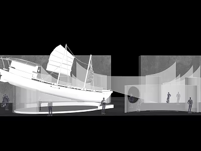 Large White Ship Displayed in Modern Architectural Space With People Around 3d model