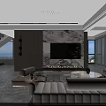 Modern Living And Dining Room With Beige Sofa Marble Table And TV Wall