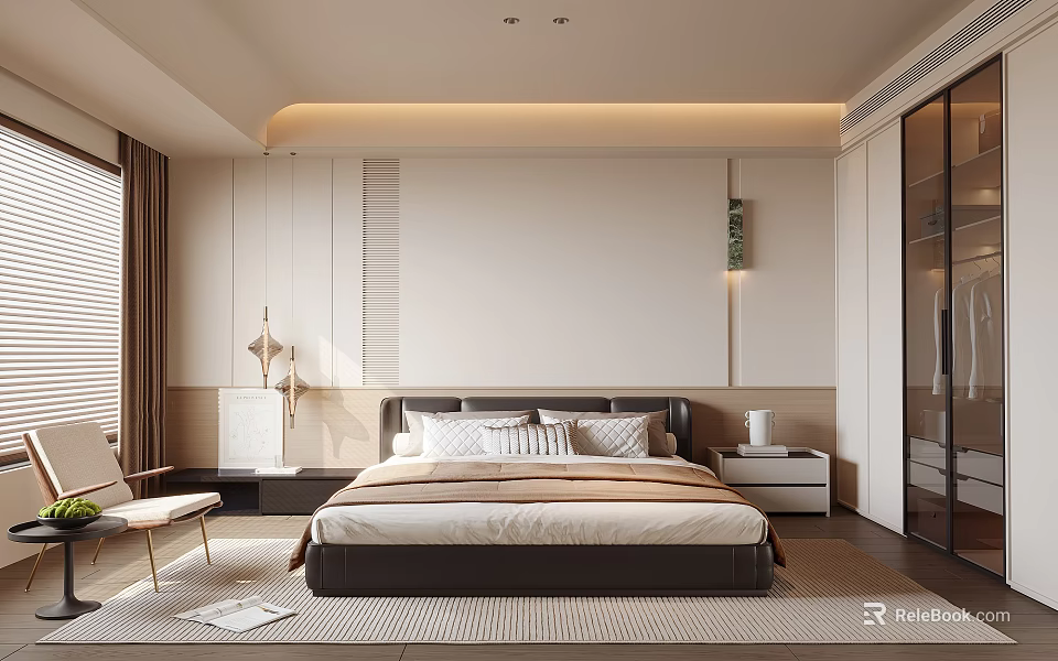 Modern Bedroom Interior Design With Bed Nightstands Curtains Carpet And Accent Chair 3d model 