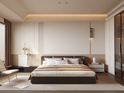 Modern Bedroom Interior Design With Bed Nightstands Curtains Carpet And Accent Chair 3d model