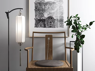 Traditional Wooden Armchair With Gray Cushion In Minimalist Living Room 3d model
