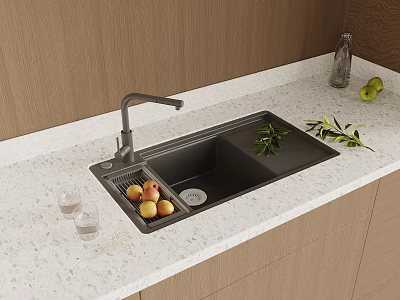 Modern Kitchen Sink On Light Countertop With Fruits Olive Branch And Glass Bottle 3d model