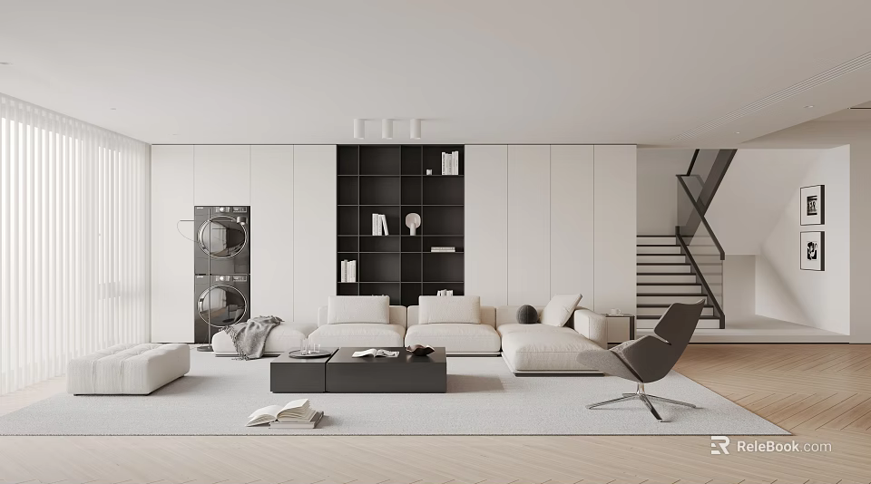 Modern Living Room Interior With White Sofa Black Shelving Unit And Gray Rug 3d model 