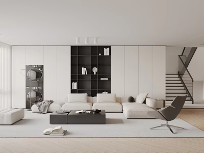 Modern Living Room Interior With White Sofa Black Shelving Unit And Gray Rug 3d model
