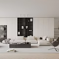 Modern Living Room Interior With White Sofa Black Shelving Unit And Gray Rug