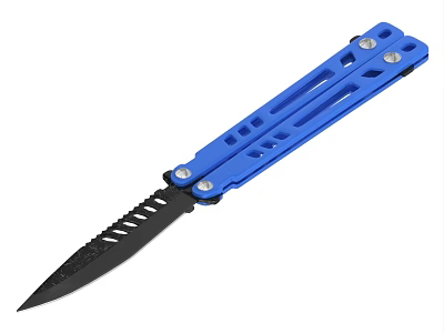 Blue Balisong Knife With Hollow Aluminum Handle And Black Serrated Blade 3d model