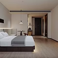 Minimalist Hotel Guest Room With King Bed Wooden Chair Wall Art And Soft Lighting