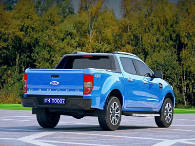 Blue Ford Pickup Truck Rear View Parked Outdoor On Paved Road Near Green Trees 3d model