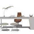 Modern Glass Desk Interior With Laptop Potted Plant White Round Lamp Brown Chair And Stools