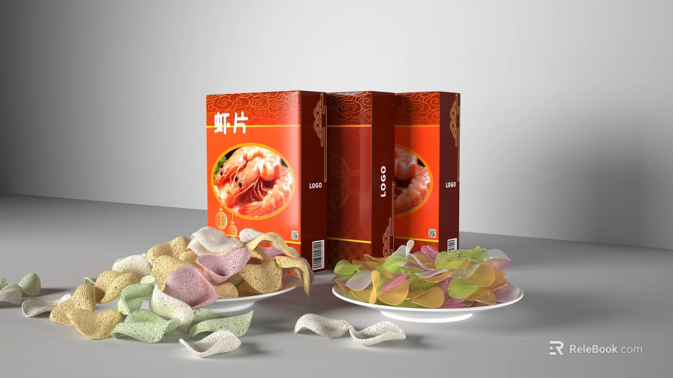 Traditional Colorful Shrimp Chips With Red Packaging Boxes On Plates 3d model 