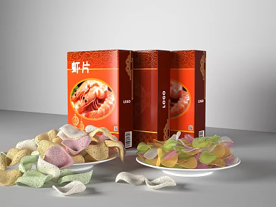 Traditional Colorful Shrimp Chips With Red Packaging Boxes On Plates 3d model