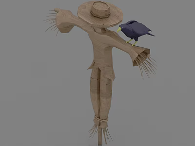 Straw Scarecrow With Hat And Black Crow Perched On Arm In Garden 3d model