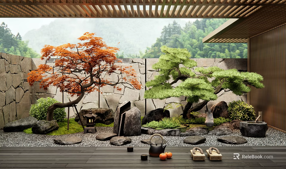 Zen Courtyard Garden With Stone Wall Maple Pine Trees Stone Lantern And Tea Set 3d model