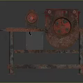 Rusty Industrial Machine With Red Rotary Parts On Metal Frame