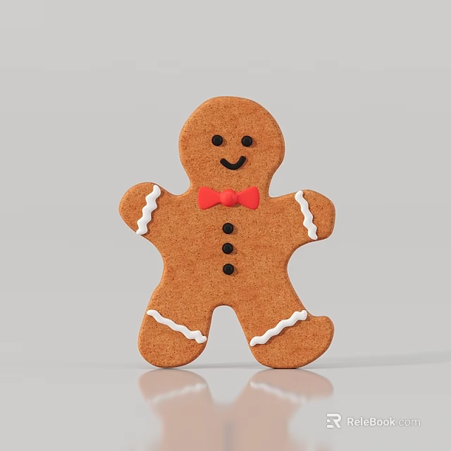 Brown Gingerbread Man With White Frosting Decorations Red Bow Tie And Black Buttons 3d model 