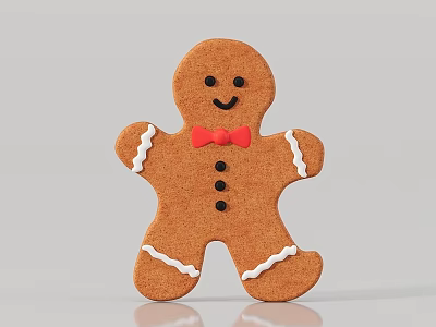 Brown Gingerbread Man With White Frosting Decorations Red Bow Tie And Black Buttons 3d model